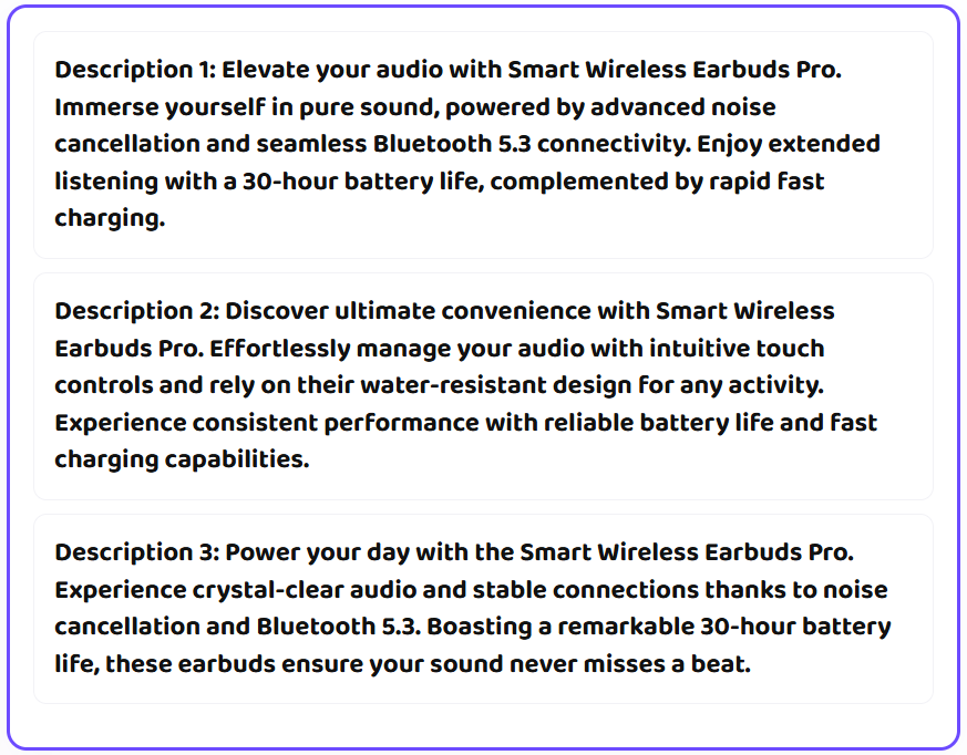Product description results example