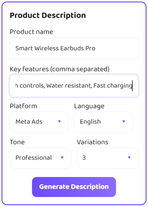 Product description inputs example